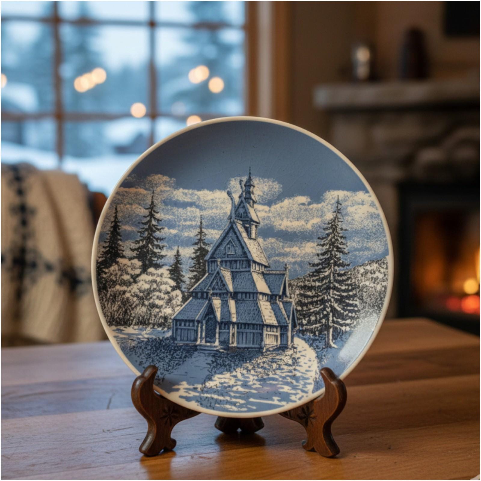 Vintage Porsgrund Norway Blue Stave Church Porcelain Decorative