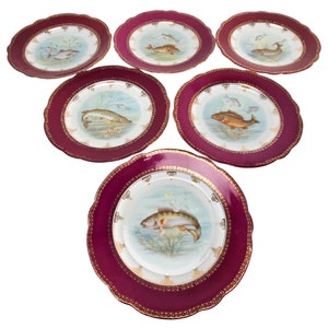 Vintage Imperial Crown China Fish Platter Set: Austrian Burgundy & Gold