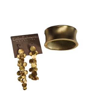 Vintage Matte Gold Bracelet, Cuff Bracelet Earrings Set, Gold Plated Metal Jewelry