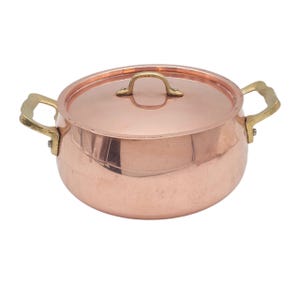 Vintage Solid Copper Pot With Lid | Steel Lined 2 QT Buffet Pan | Brass Side Handles | French Country Kitchen Décor or Cookware