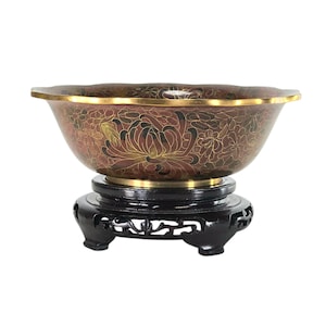 Vintage Chinese Cloisonné Bowl: 9” Brass Enamel Floral Bowl with Stand