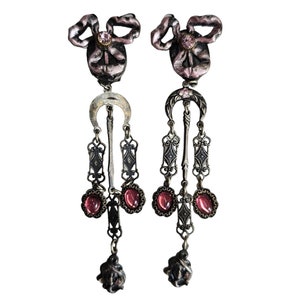 Vintage Banana Bob Chandelier Earrings: Bows, Amethyst Dangle, Figural Boho