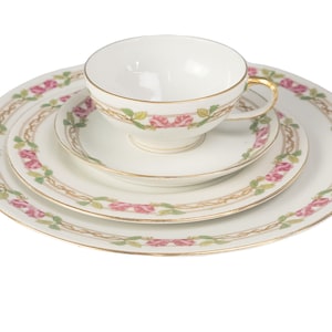 Vintage W M Guerin W G Co 4 Place Setting, Rose And Stem Pattern, Limoges France Dishes, Saucers, Tea Cups, Salad Plate