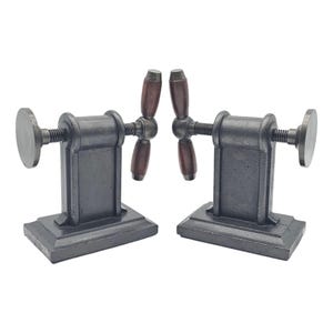 Industrial Cast Iron Vise Screw Bookends with Wood Handles – Heavy Vintage Hardware Décor
