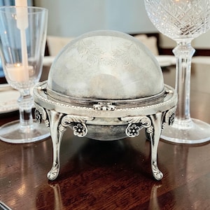 Vintage English Silver Plated Roll Top Butter Dish Victorian Style Dome Server 4.625"