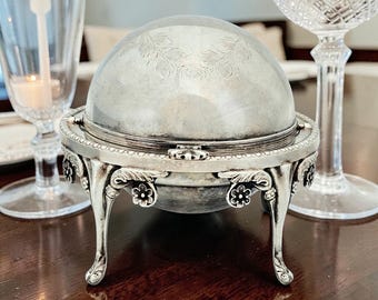 Vintage English Silver Plated Roll Top Butter Dish Victorian Style Dome Server 4.625"