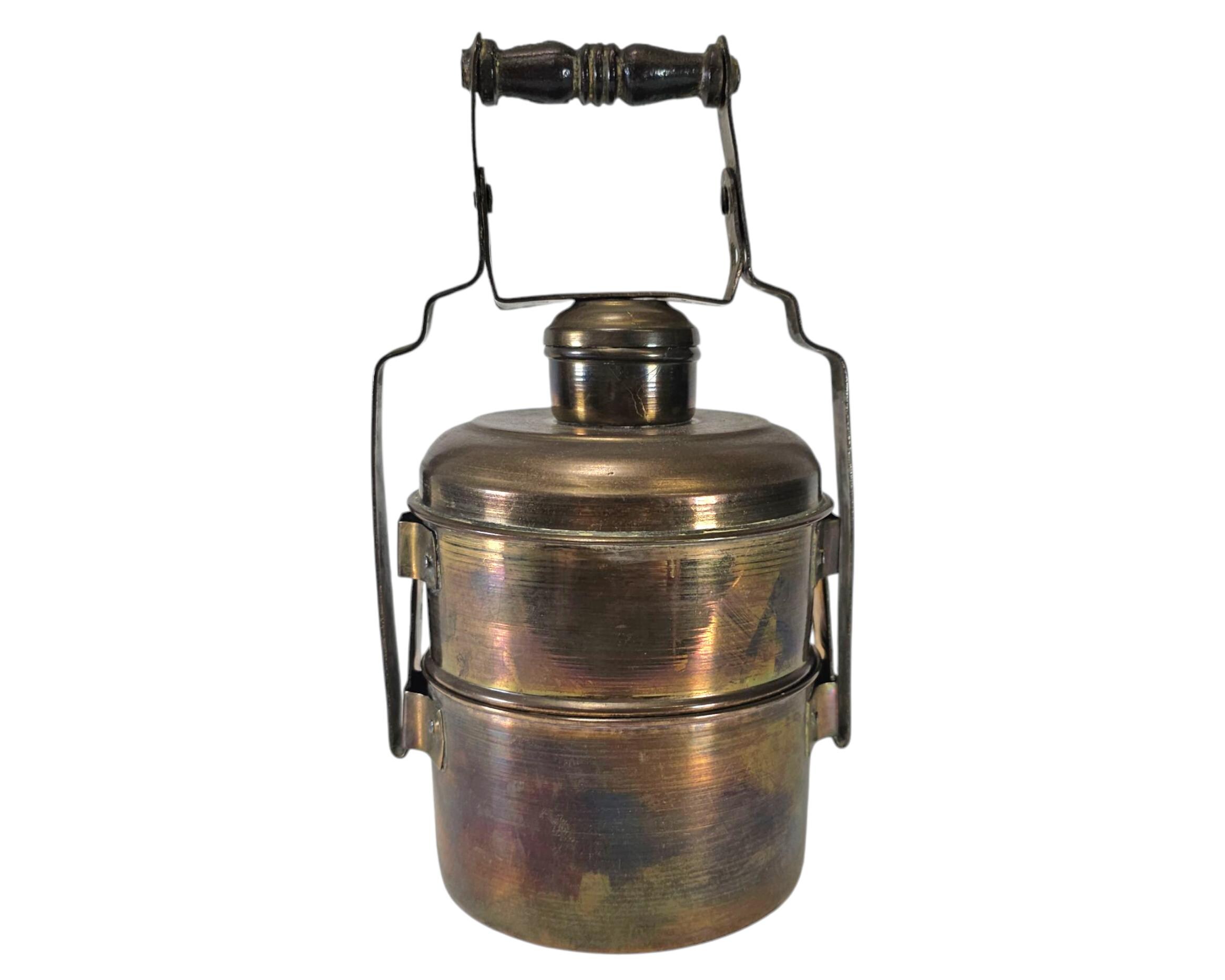 Vintage Brass Tiffin Lunchbox Carrier 11.5" - Two-Compartment Handcrafted Indian Stacking Food Container