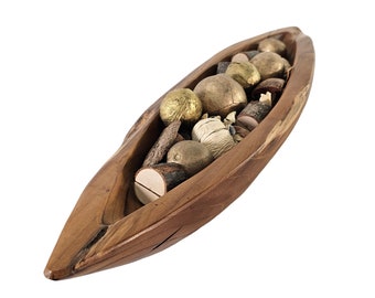 Hand Hewn Teak Wood Bowl: Rustic Centerpiece with Filler 22.5"