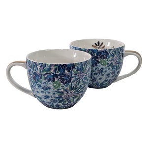 Lilly Pulitzer Mugs, Hidden Cat Floral Coffee Mugs, Turquoise Blue Coffee Mugs  Pair 4.5&quot;