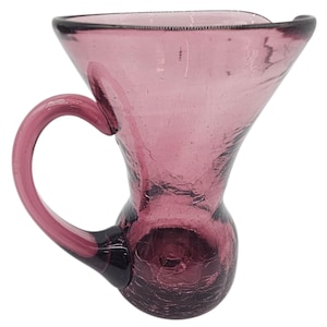 Vintage Amethyst Crackle Glass Pitcher – Hand Blown Heritage Style Mid-Century Jug Vase 5.75”