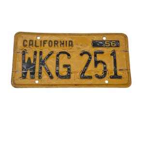 Vintage 1956 California License Plate WKG-251 – Authentic Rusty Yellow Wall Décor