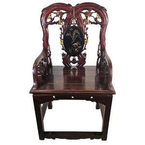 Antique Chinese Hand Carved Rosewood Chair, Black  Gold Accents Shrimp Tassels 38.5&quot;