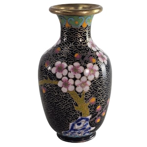 Vintage bloemen cloisonnévaas: zwart email en messing, 4,5&quot;