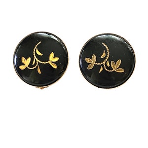 Vintage Earrings, Damascene Earrings, Leaf Floral Earrings, Circle Clip-on Earrings, Women Jewelry