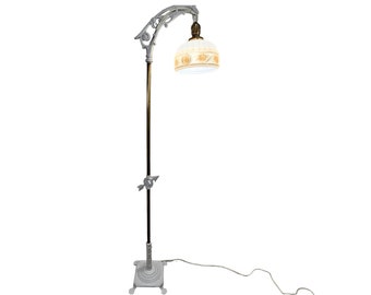 Vintage 1920s Art Deco Bridge Arm Floor Lamp, Frosted Rosette Shade, Rewired