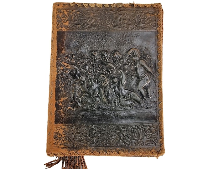 Antique Italian Hand Tooled Leather Book Cover Embossed Journal Cherubs ...