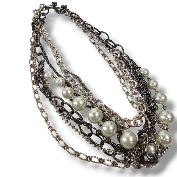 Vintage Black Necklace, Silver Metal Necklace, Faux Pearl Necklace, Multichain Necklace