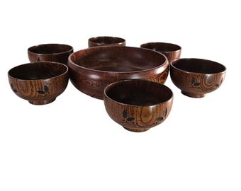 Vintage handgedraaide kom, houten slakom en 6 kommen, Chinees (diameter 9,375 inch)