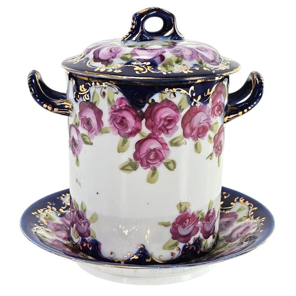 Vintage Nippon Porcelain Jar, 6" Hand-Painted Cobalt Blue Condensed Milk or Jelly Jar, Collectible Gift for Porcelain Lovers