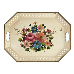 Mid Century Cream Reticulated Tole Tray, 20” French Style, Hand-Painted Floral, Farmhouse Chic, Vintage Cottagecore, Decorative Serving Tray