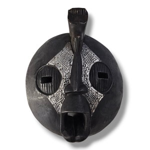 Vintage Round Tribal Mask Wood Mask African Art Ghana  W/ Hammered Metal