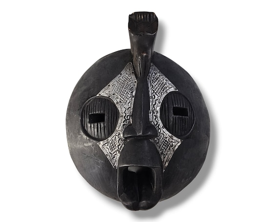 Vintage Round Tribal Mask Wood Mask African Art Ghana  W/ Hammered Metal