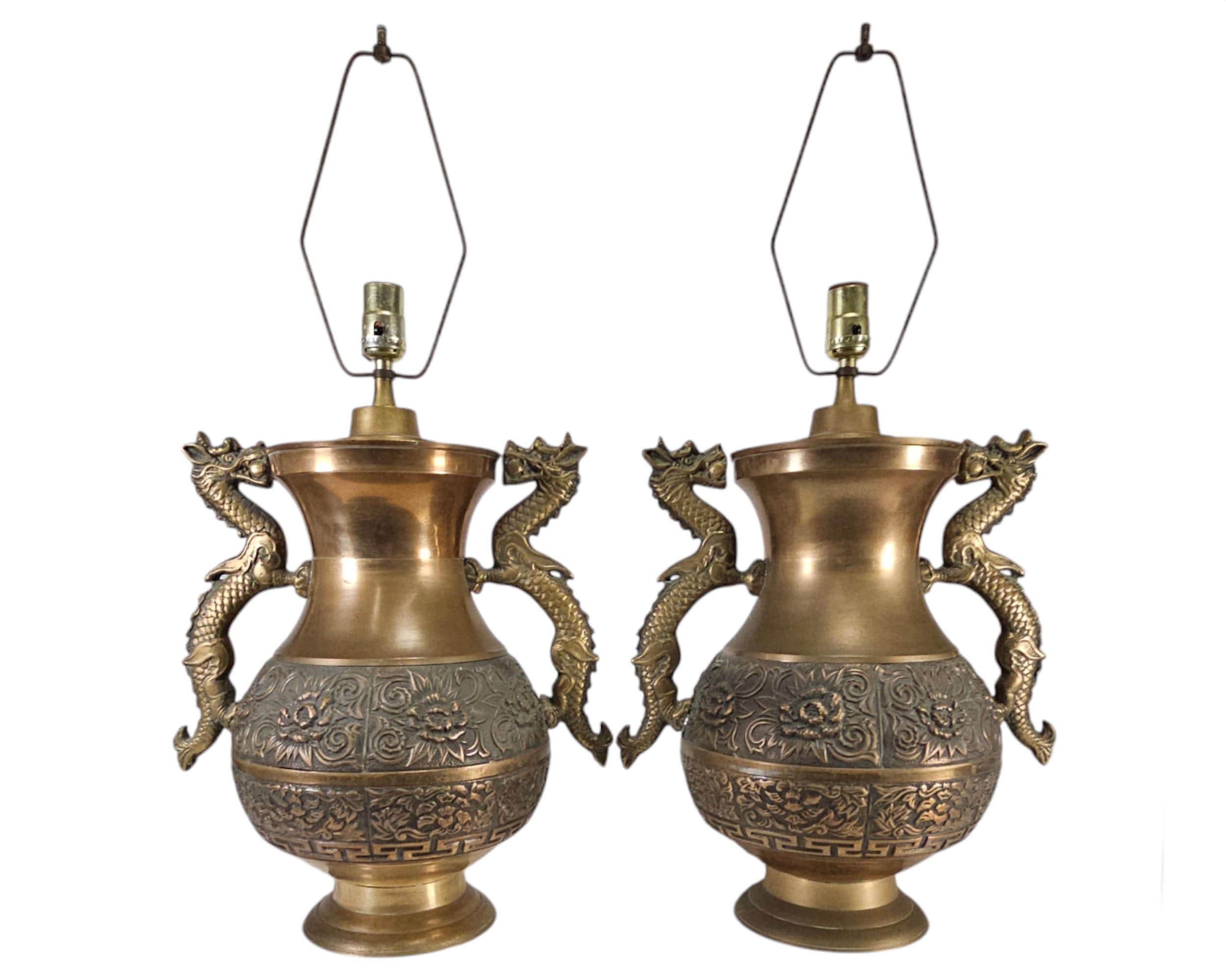 Pair Repoussé Brass Dragon Lamps Chinoiserie Hollywood Regency