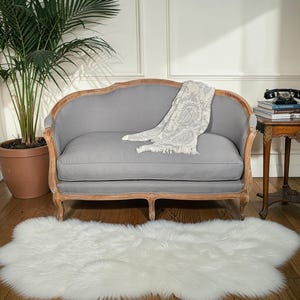 May include: A gray loveseat with a wooden frame and a white patterned throw blanket. A white faux fur rug is on the floor. A potted plant and a small table with a telephone are also in the room.