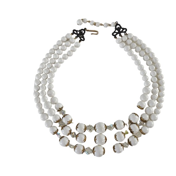 Vintage MCM Necklace, 3-Strand White Crystal Neck… - image 2
