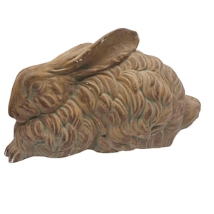 Vintage Ceramic Bunny Rabbit Statue Long Haired Brown Lop Ear Figurine Textured Fur Easter Décor 15”