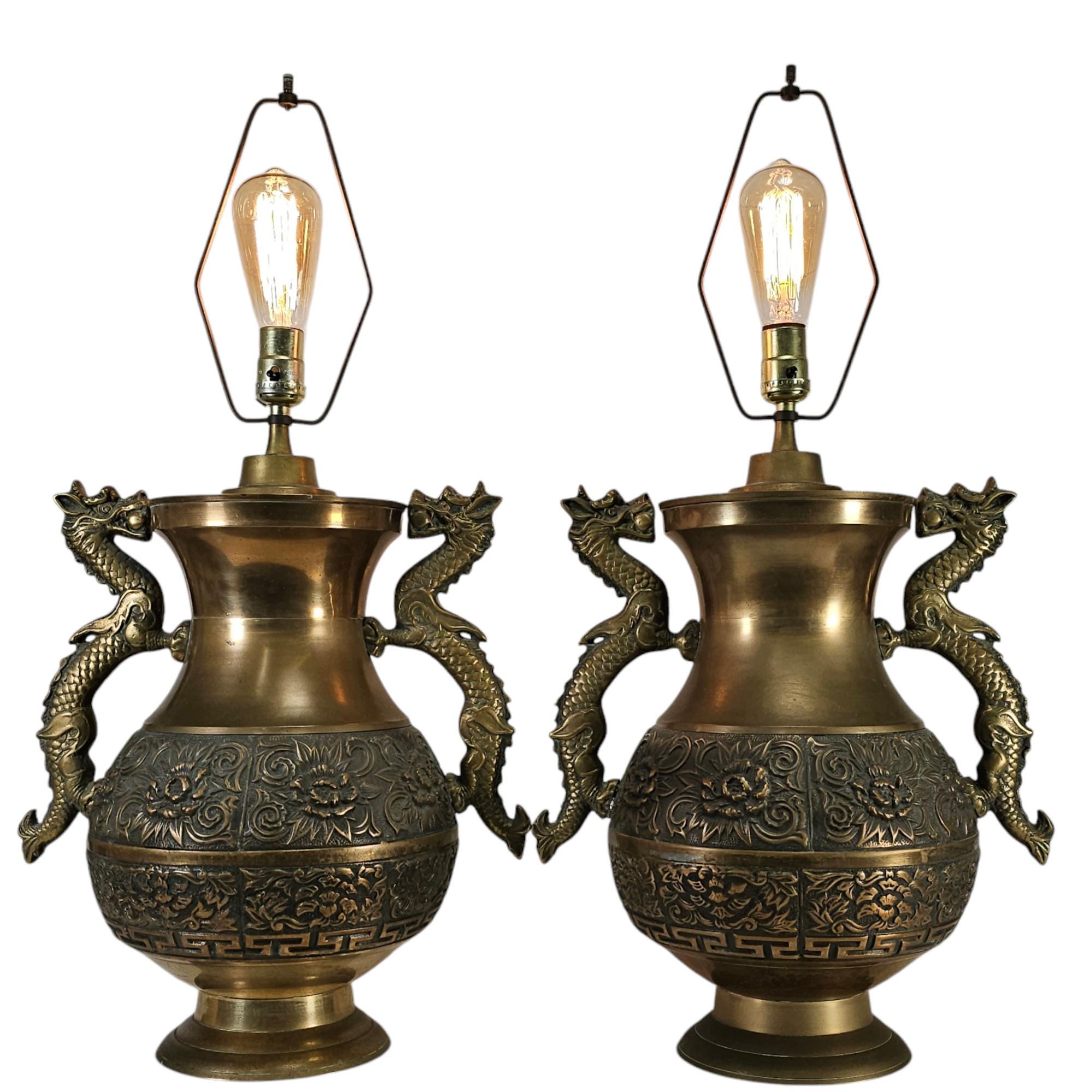 Pair Repoussé Brass Dragon Lamps Chinoiserie Hollywood Regency