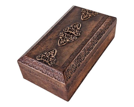 Vintage Tooled Leather Box, Jewelry Box, Wooden T… - image 1