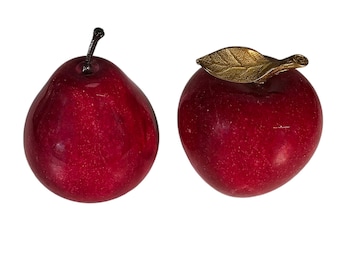 Red Marble Apple and Pear Paperweight Fruit Figure Vintage 3.5 in