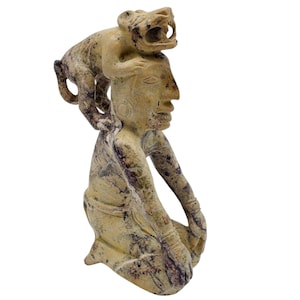 Bold Tezcatlipoca Aztec Mayan Style Marble Figure – Hand-Carved Mesoamerican Jaguar Warrior Art