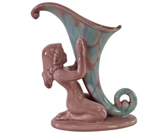 Royal Haeger Vase, Art Deco Vase, Nymph Girl Vase Cornucopia Ceramic Pink Blue 8"