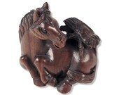Vintage Horse Fly Netsuke Art, Japanese Art, Traditional Wood Art, Hand Carved Signed