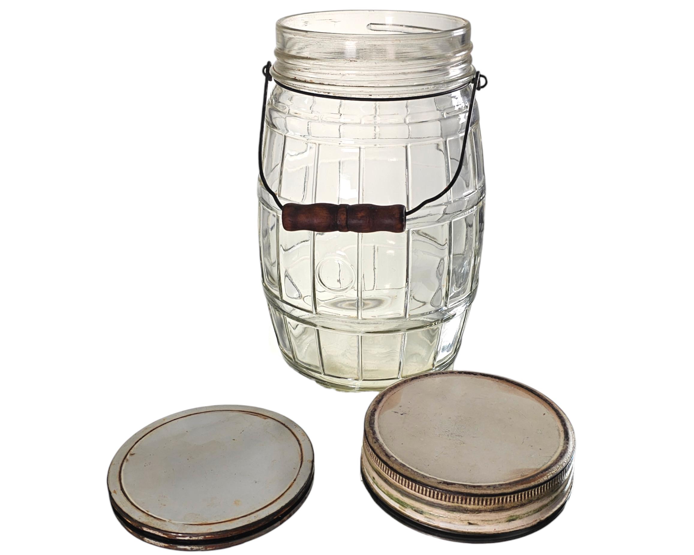 Antique Owens Illinois Glass Pickle Jar, Barrel Form, Wooden