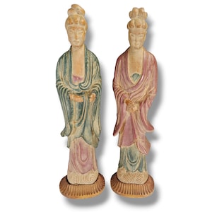 Vintage Chinese Carved Wood Lady Figurines Statues Brown Red Mid Century Set (2)