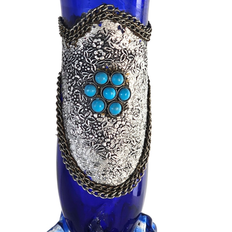 Vintage Ruffle Vase, Cobalt Blue Vase, Turkish Glass Vase, Silver Over-Lay Jeweled Ombre Vase 11 image 5