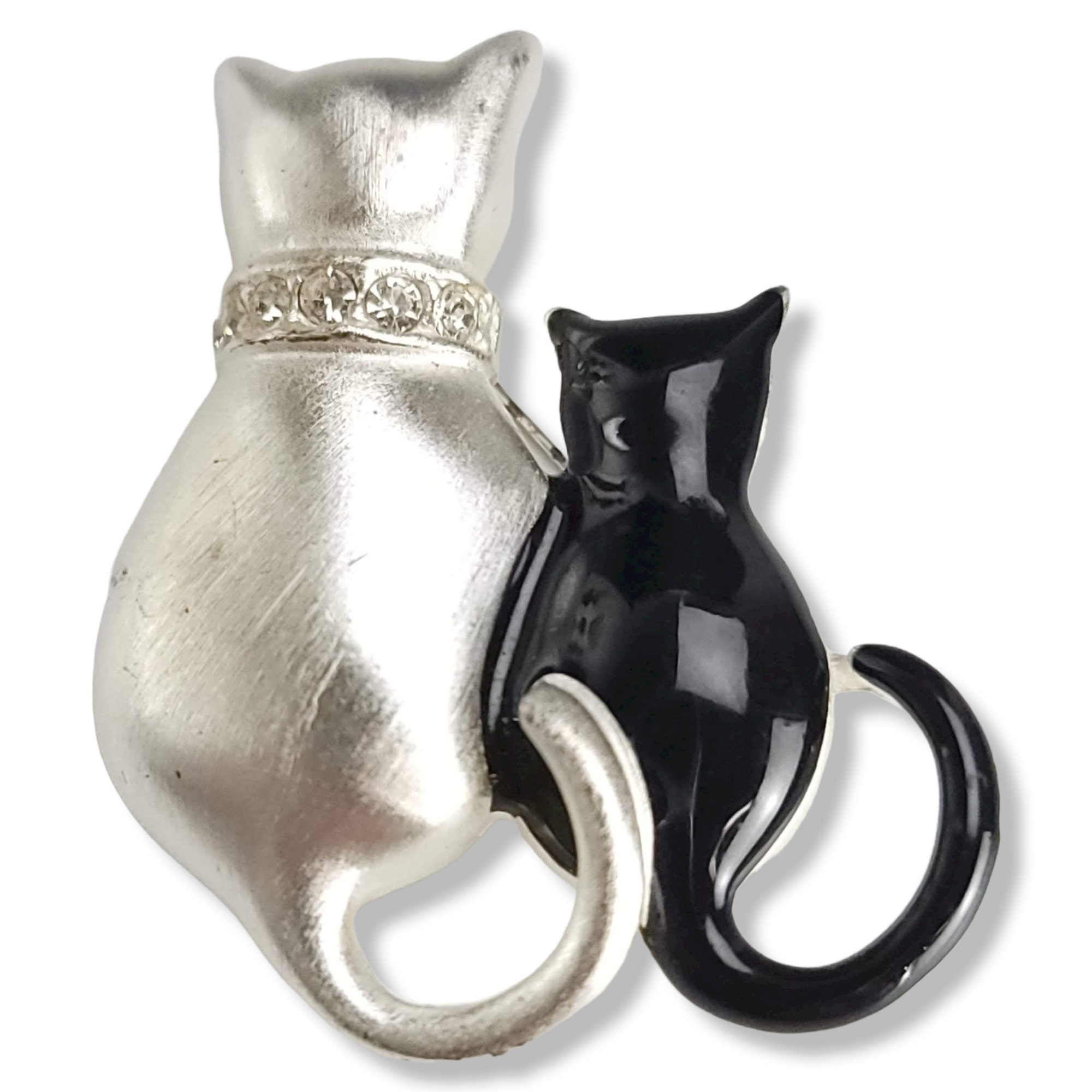 Vintage Double Cat Brooch Silver & Black Enamel Kitty Silhouette Pin ...