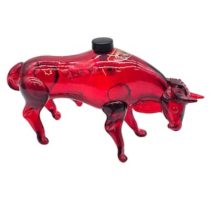 Vintage 1990s Mad Bull Tequila Decanter – Red Reposado Glass Bull Bottle – Bold Barware or Man Cave Décor