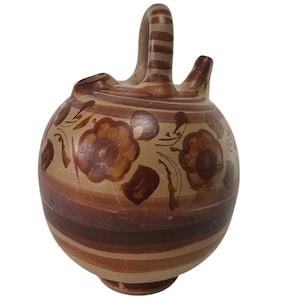 Vintage Mexican Pottery Pitcher: Hand-Painted Sienna Floral Folk Art