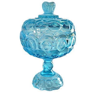 L.G. Wright Opalescent Blue Moon & Stars Lidded Compote, 9.5” Candy Dish, Vintage Glassware, Elegant Table Decor, Collectible Gift