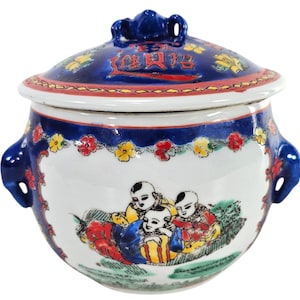 Vintage Chinese Cobalt Blue Porcelain Pot: Hand-Painted Three Boys Motif