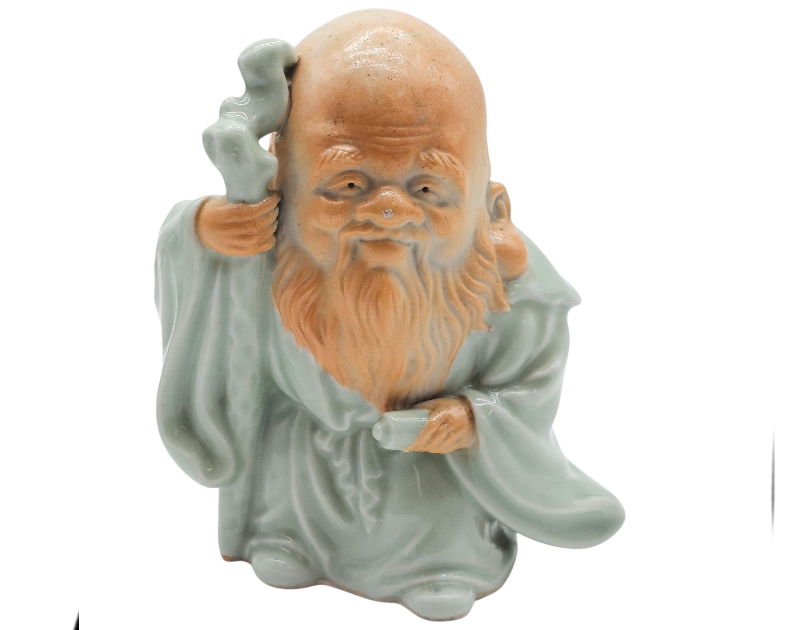 アンティーク 九谷焼 福禄寿 置物 青磁釉 智恵の神 磁器像 7.5インチ