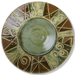 Vintage Z-Pots Platter, Studio Art Pottery, Olive Green Plate, Avocado Green Platter, Abstract Pattern 2000