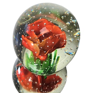 Vintage Paperweight, Clear Art Glass Paperweight, Red Flower Paperweight Bullicante Bubble 2.75&quot;