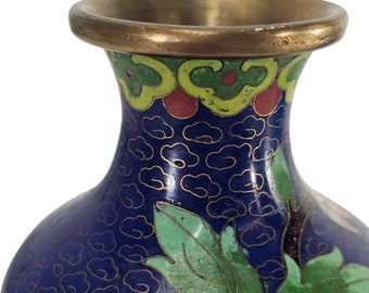 ヴィンテージ中国七宝花瓶: 花柄コバルトブルー真鍮花瓶、6.25インチ