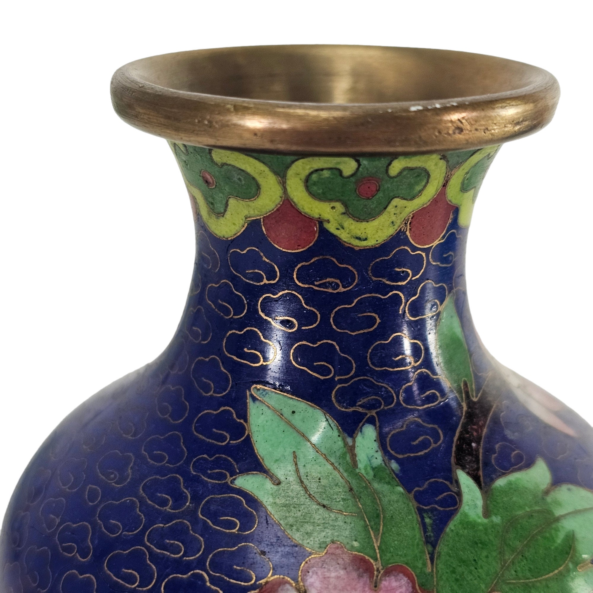 ヴィンテージ中国七宝花瓶: 花柄コバルトブルー真鍮花瓶、6.25インチ