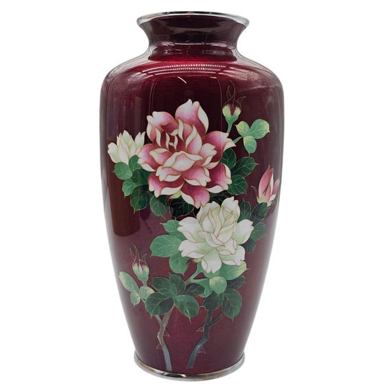 安藤十兵衛 銘 七宝焼 花瓶 牡丹 花 鳩血 赤 箱付き 10インチ - Etsy 日本